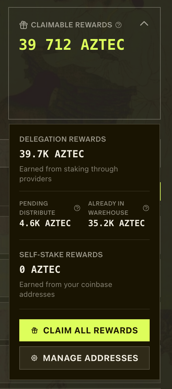 Expanded Claimable Rewards card showing the Claim All Rewards and Manage Addresses buttons