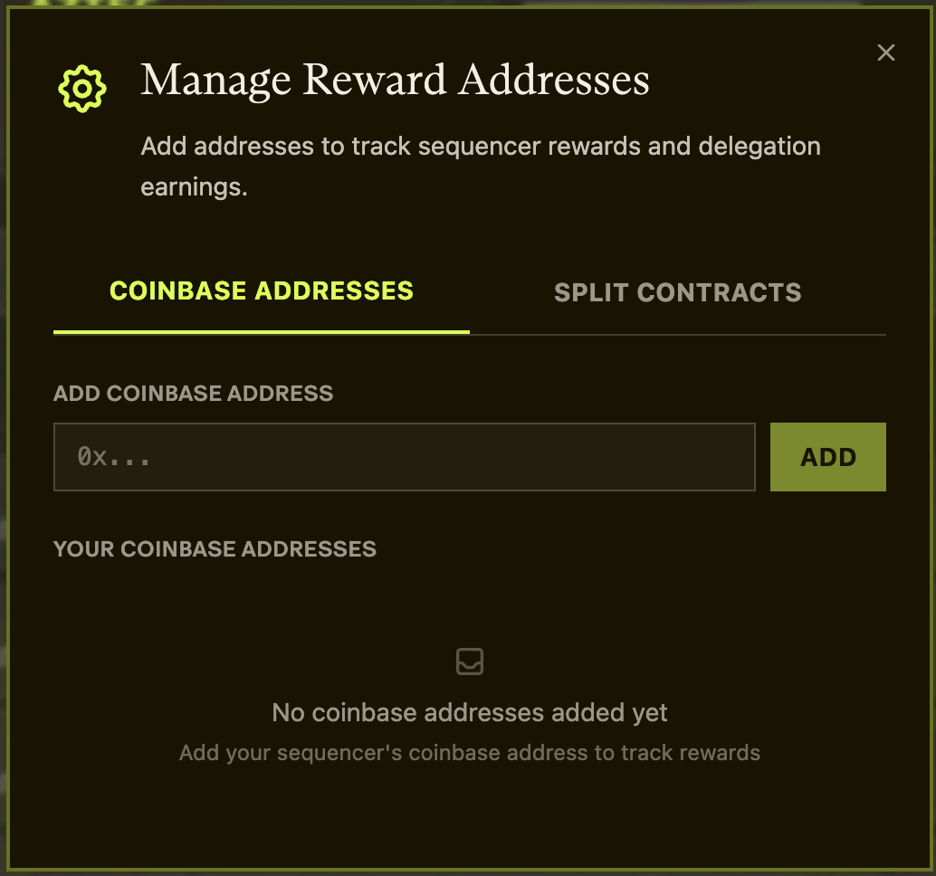 Manage Reward Addresses dialog open on the Coinbase Addresses tab, with the address input and Add button