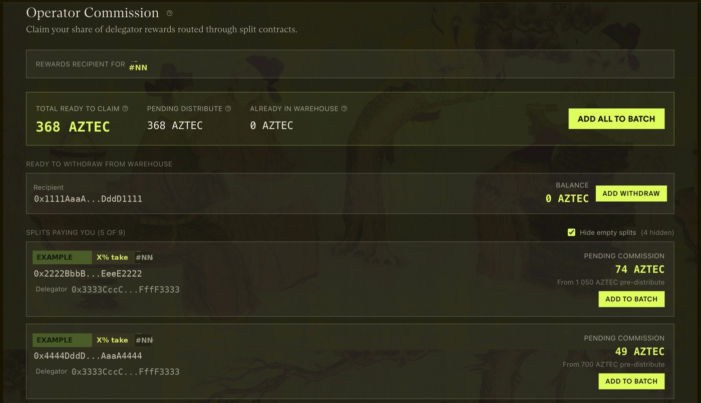 Operator Commission tab on the staking dashboard, listing the splits that pay a provider with per-split pending commission and batch actions