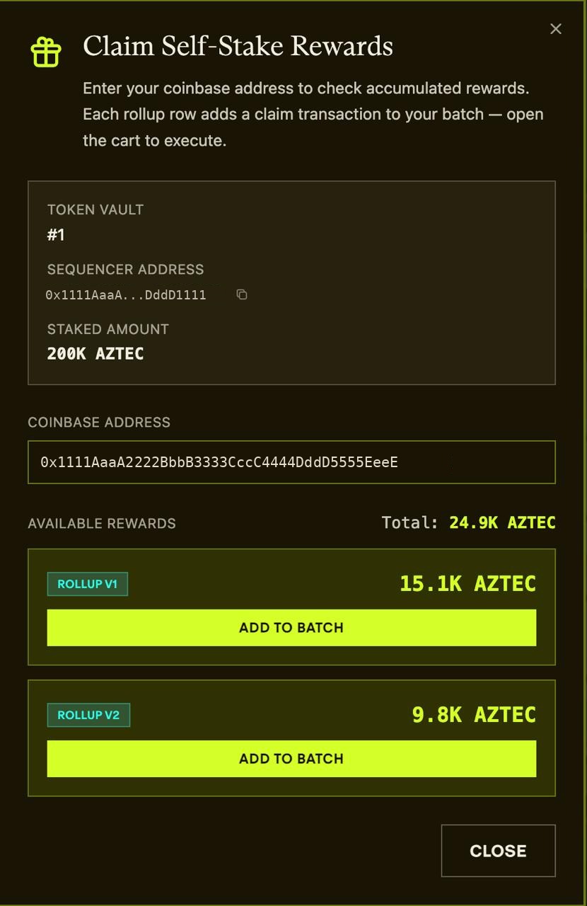 Claim Self-Stake Rewards dialog, with the coinbase address entered and a claim available per rollup